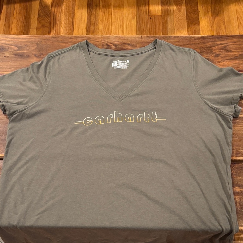 Carhartt Olive Green V-Neck Logo Tee Women Size XL
